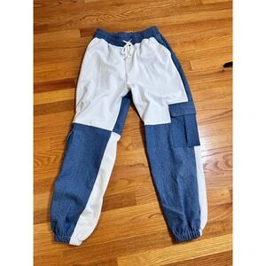 LA DIOSA Colorblock Cargo Pants White Blue Denim Drawstring Waist